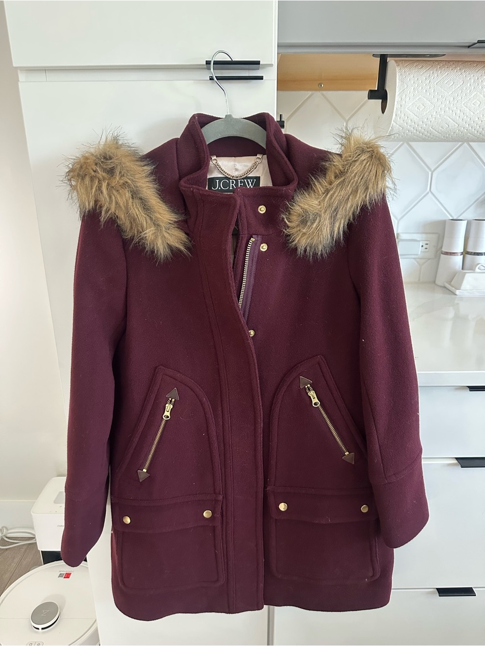 J. Crew Women's Burgundy Wool Peacoat with Faux Fur Trim